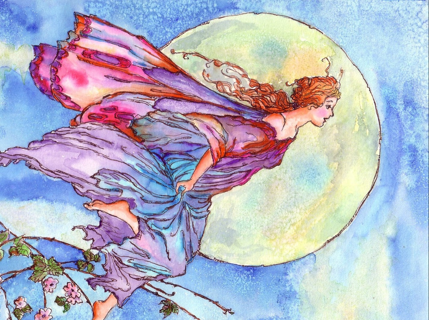 Colorful fairy with butterfly wings against a moonlit sky
